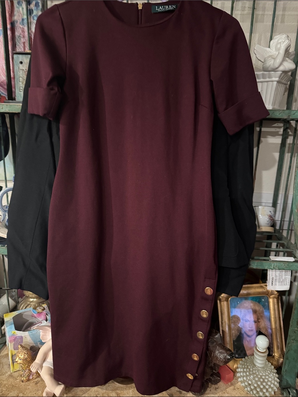 Lauren Ralph Lauren Wine Short-Sleeve Shift Dress with Side Buttons